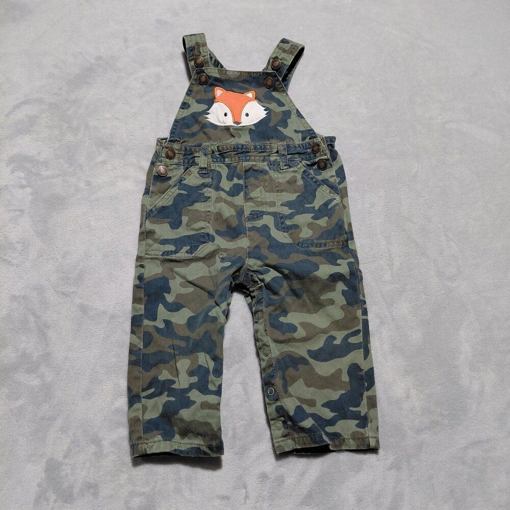 12M Denim Camo Overalls Cute Fox Patch Full Snap Legs WonderKids